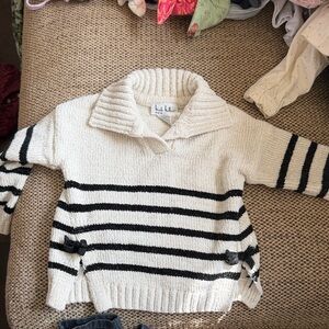 Nicole Miller kids Ivory and Black Striped Shawl Collar Sweater